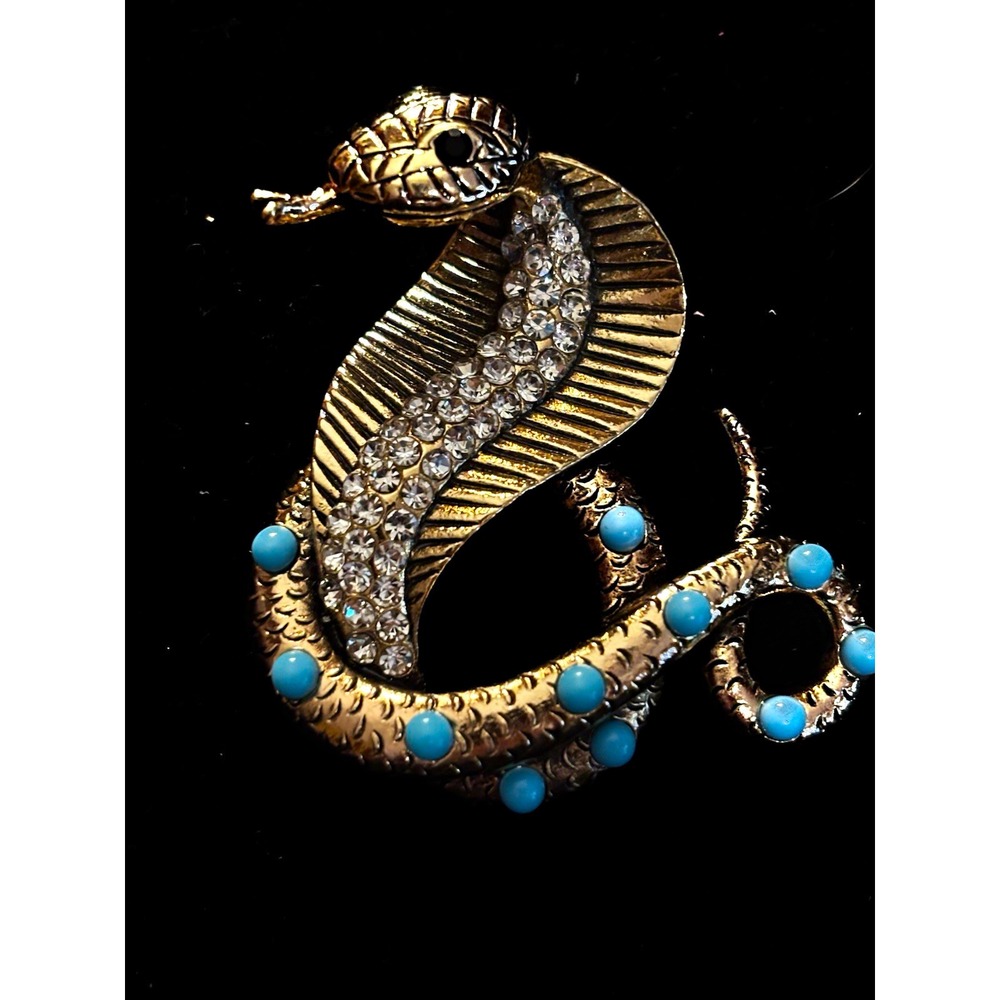 Gold Tone Snake Cobra Brooch Pin Clear Rhinestones Blue Accents 2 in[JB2]